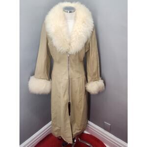 90s Vintage Paul Smart Leather Trench Coat with Faux Fur Trim - M